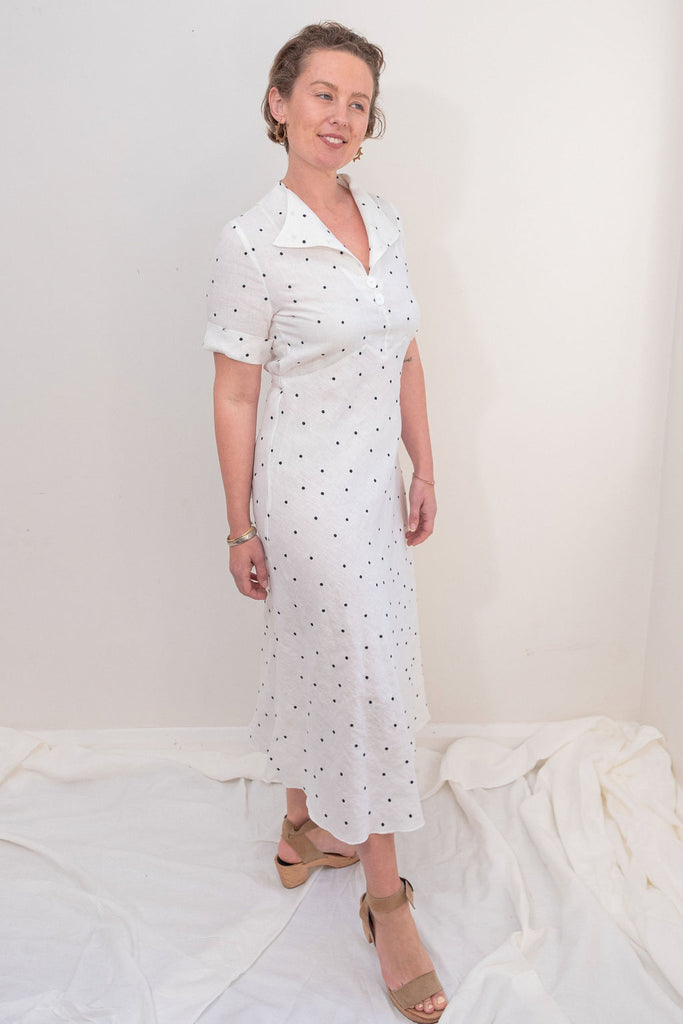 Julietta Dress - White + navy embroidered dots