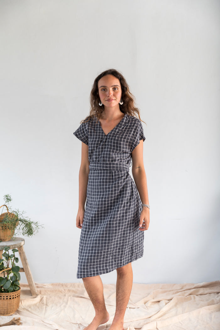 Ariel Dress - French Linen Navy Check Wrap Dress