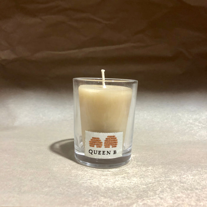 Queen B Beeswax candle in round glass votive