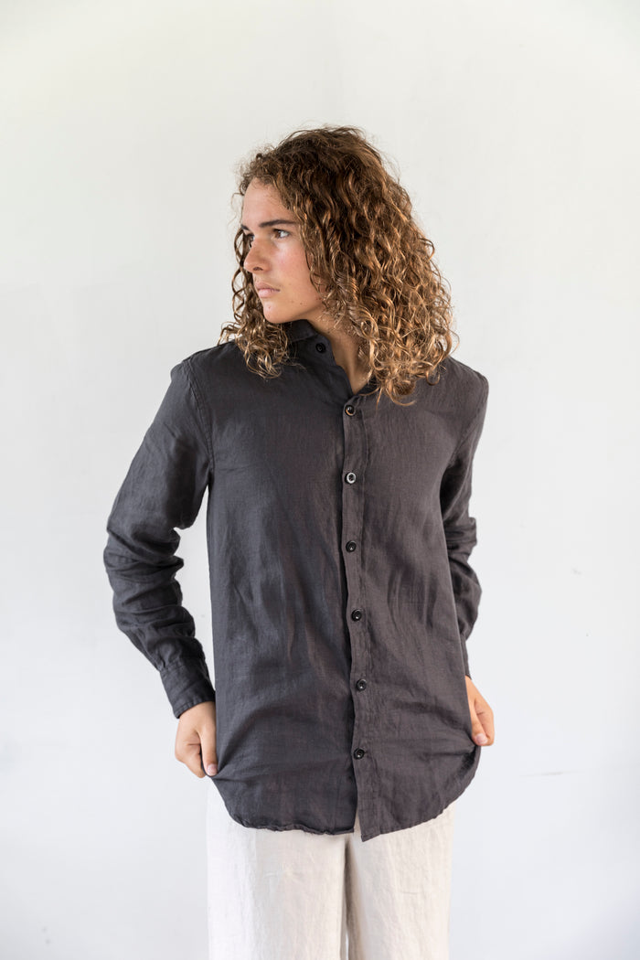 Unisex Collared Linen Shirt - Charcoal