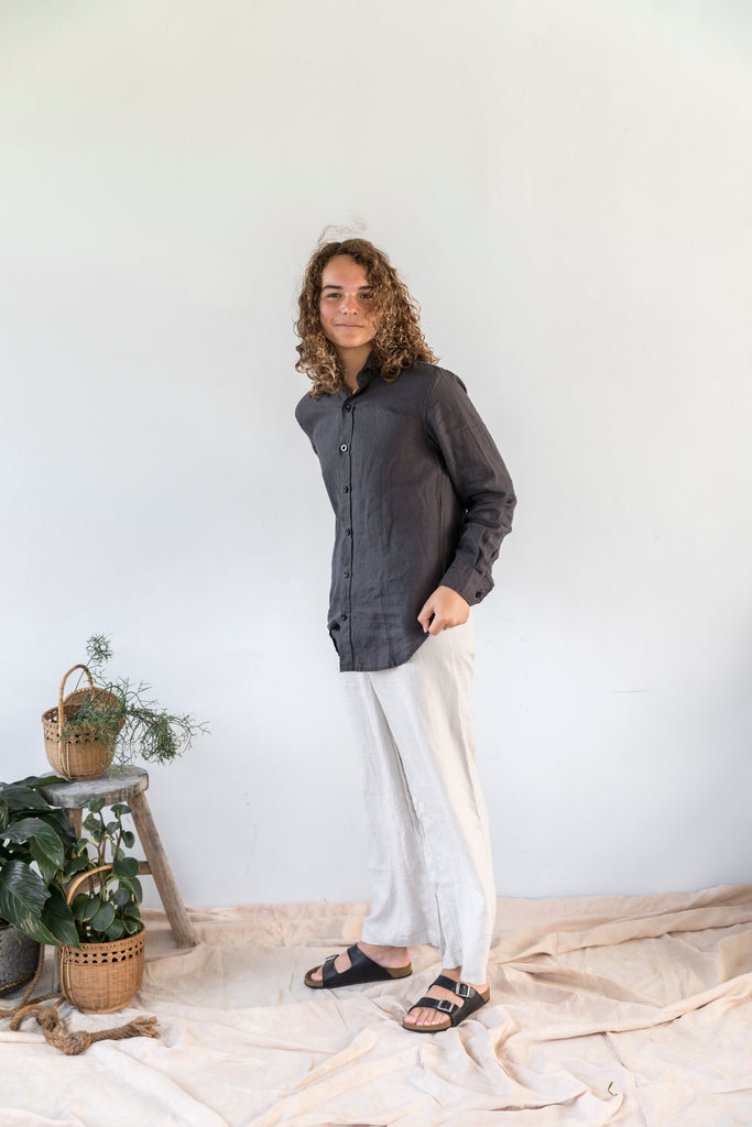 Unisex Collared Linen Shirt - Charcoal