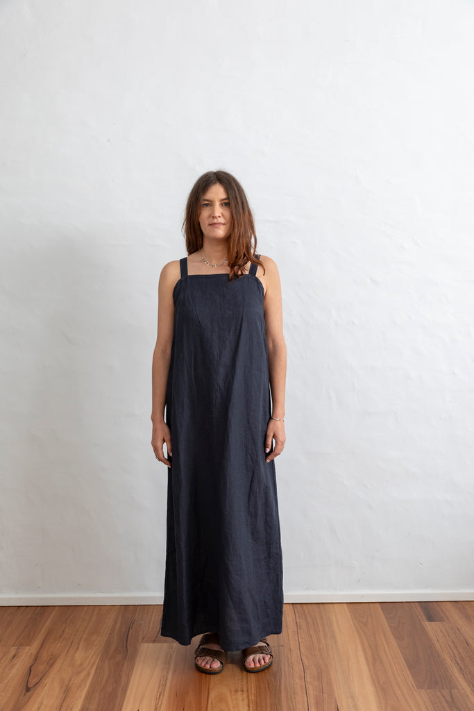 Linen Maxi Dress - Navy and Emerald Green