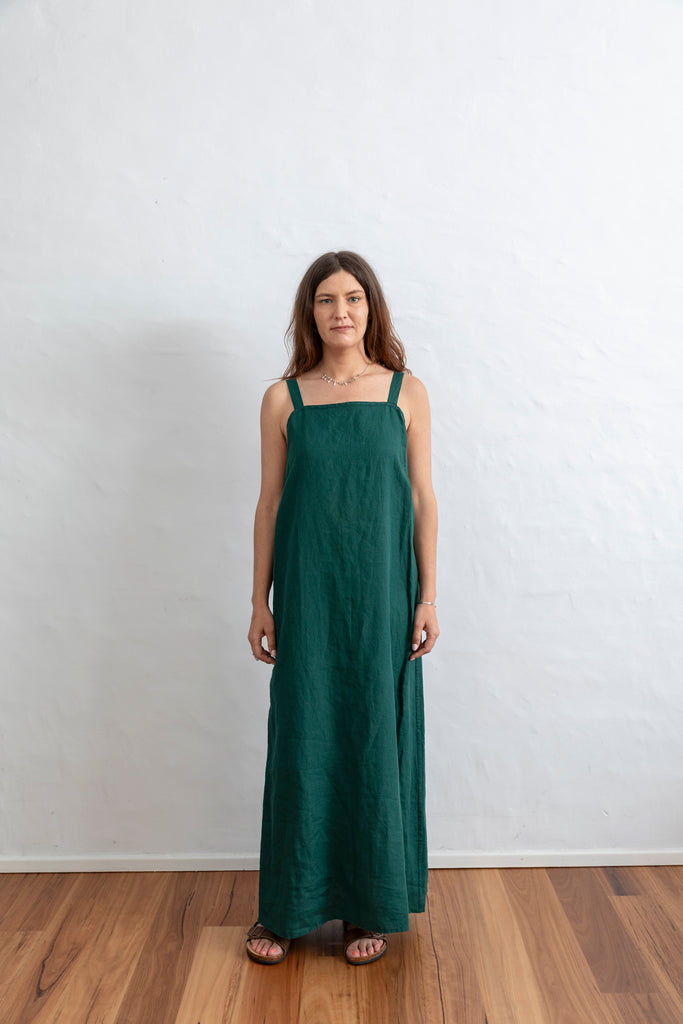 Linen Maxi Dress - Navy and Emerald Green