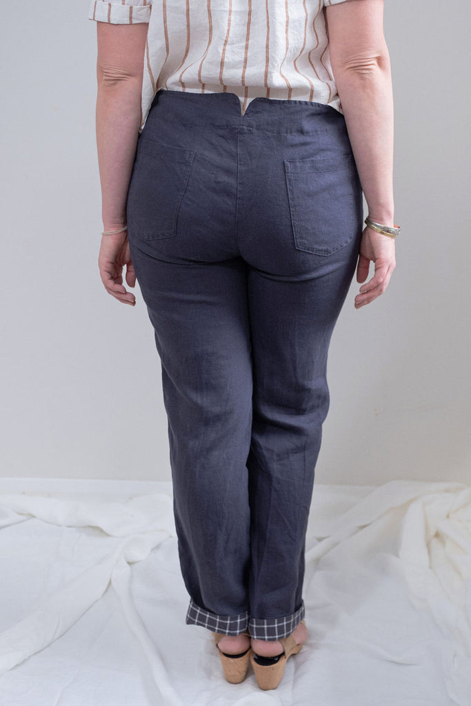 Navy linen pants with button fly 