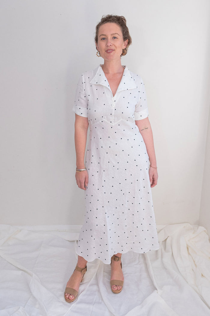 Julietta Dress - White + navy embroidered dots