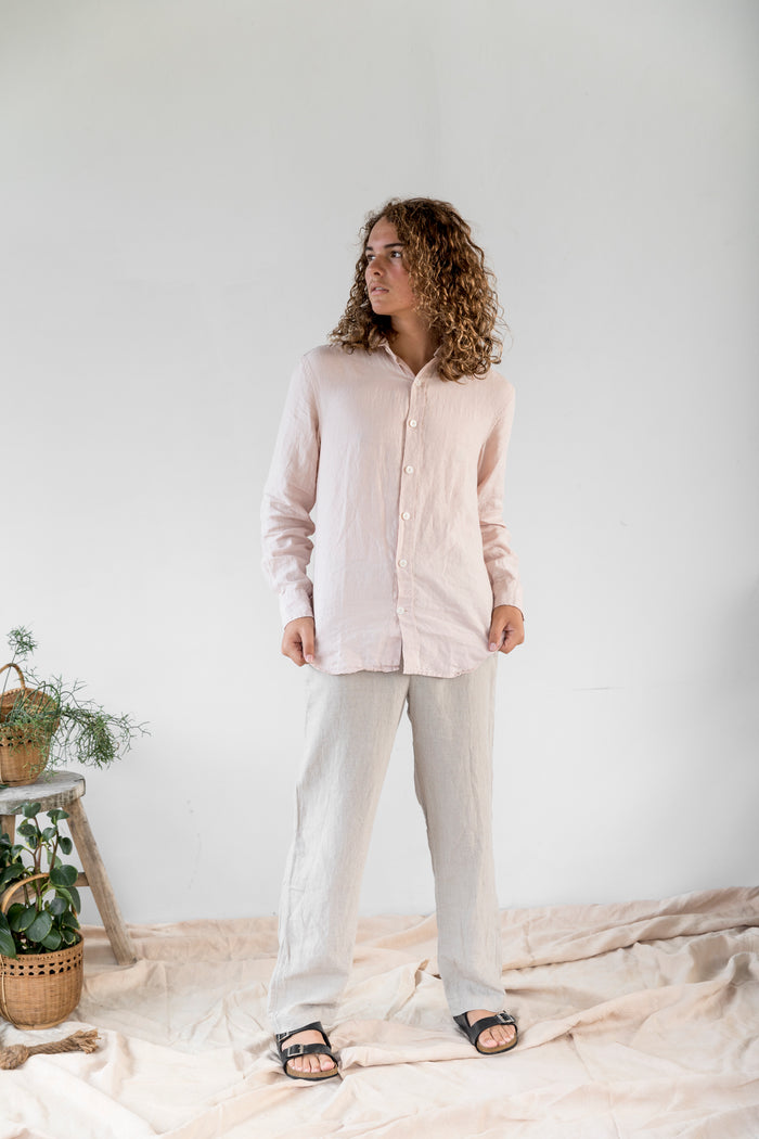 Unisex Collared Linen Shirt - Monet Pink